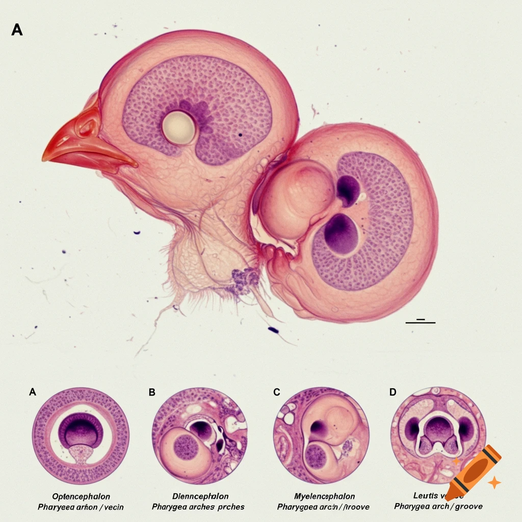 Biological diagram showing a sagittal section of a chick embryo head and cross-sections of embryological structures.