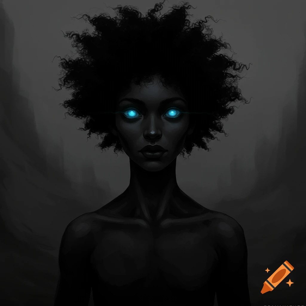 Shadowy portrait of a figure with afro and glowing blue eyes.