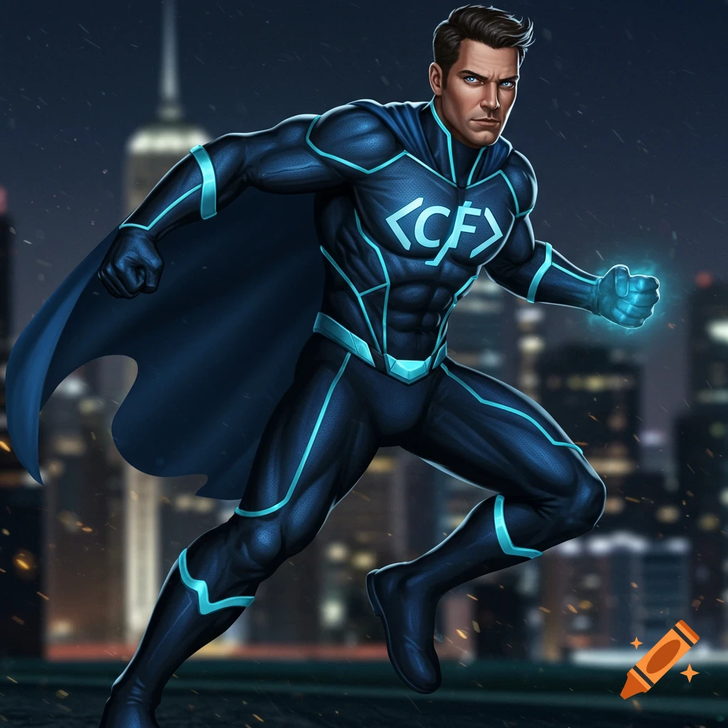 Male superhero in blue and black suit with <CF> logo running against a city skyline.