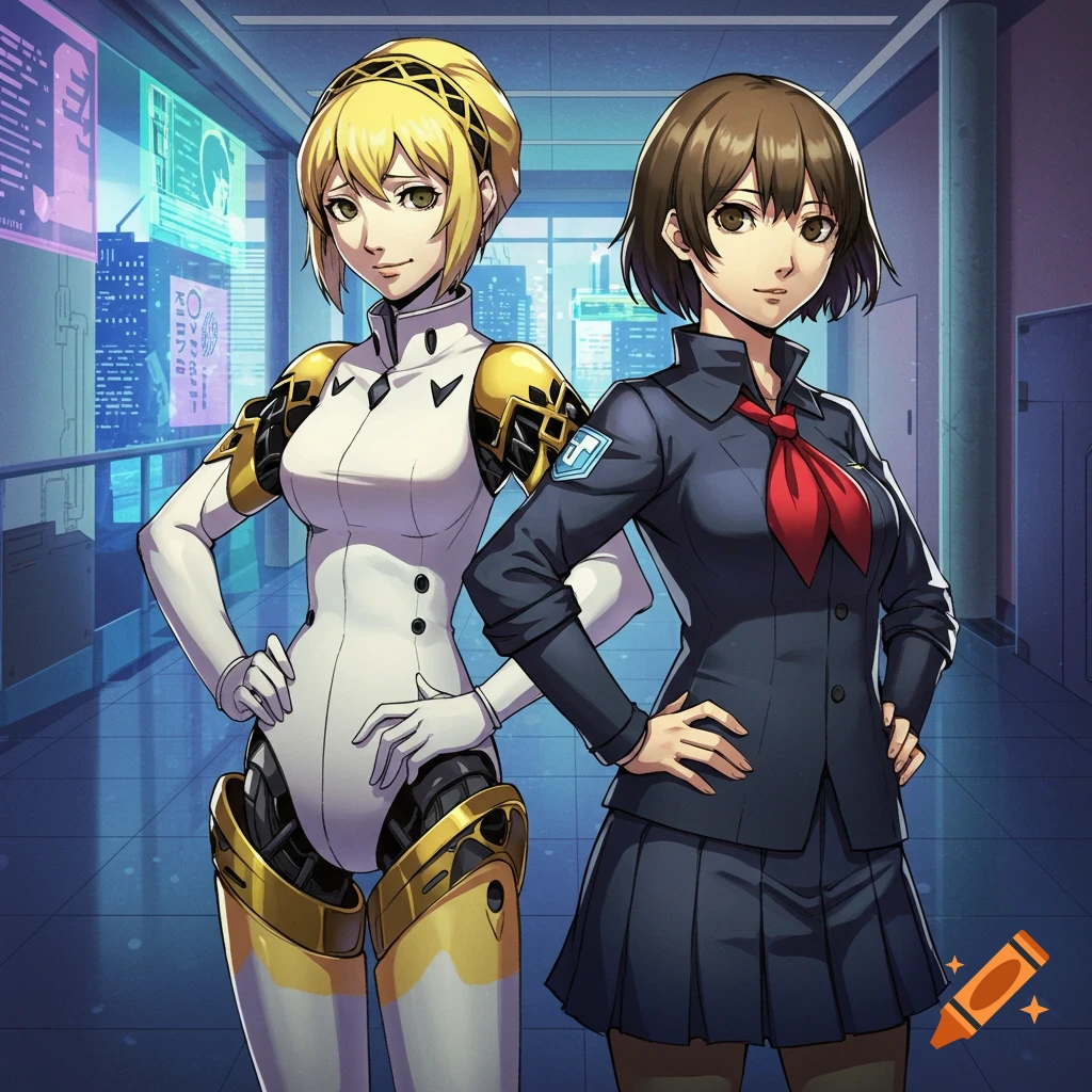 Anime characters, one a robot in a white suit, one in a school uniform, stand in a futuristic hallway.