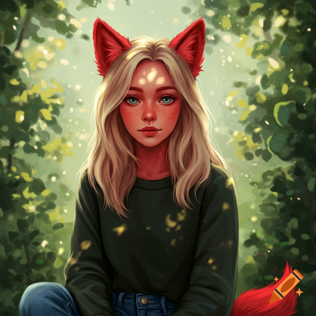 A young woman with red fox ears and tail sits among the trees of a forest