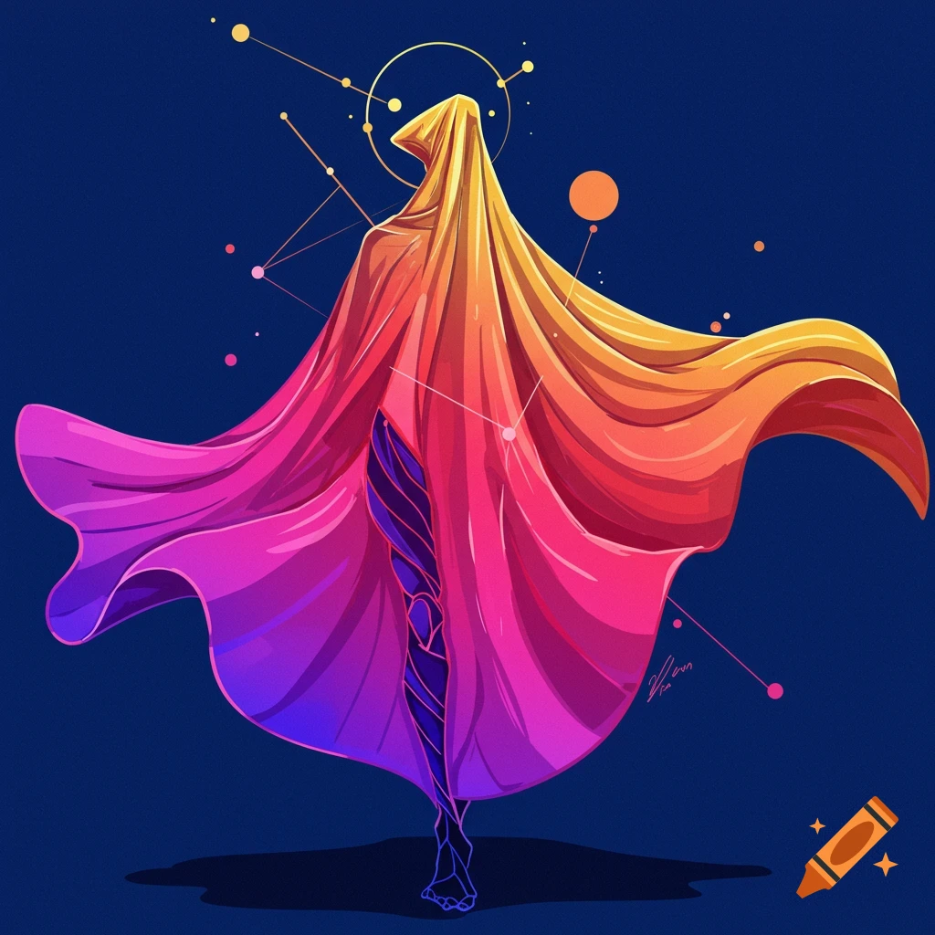 Abstract image of a figure draped in flowing orange, pink, and purple cloth, surrounded by lines and dots resembling constellations.