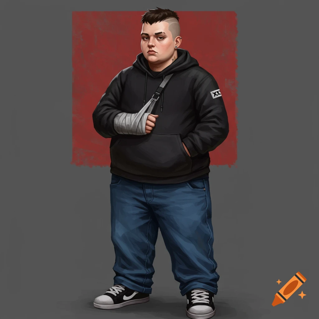 Painting of a person with a low taper fade haircut, broken wrist in a bandage, wearing a black hoodie and baggy jeans.