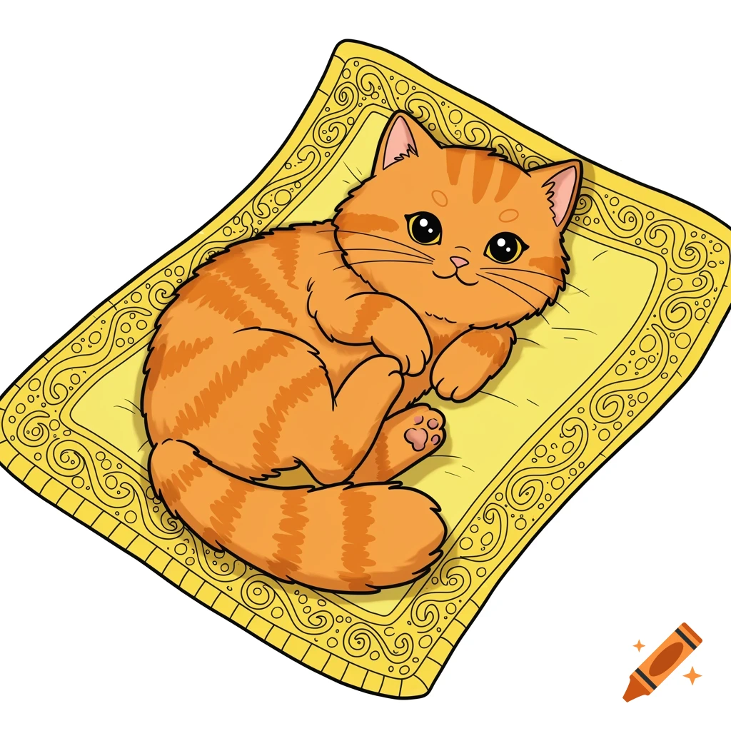 Cute ginger cat illustration lying on a patterned yellow mat.