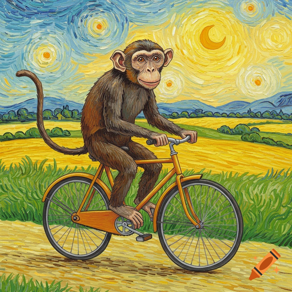 A monkey rides a bicycle through a field under a swirling, starry sky, in the style of Van Gogh.