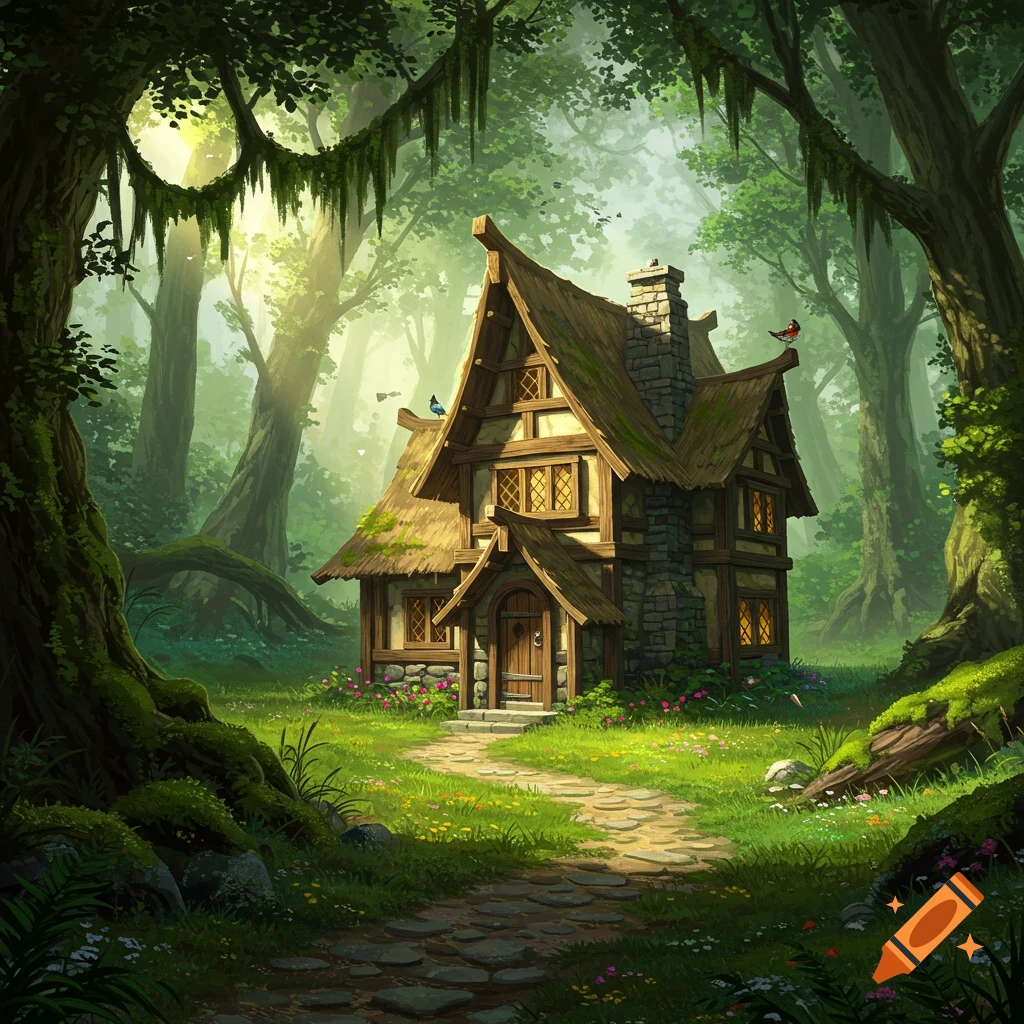 A medieval cottage in an enchanted forest.