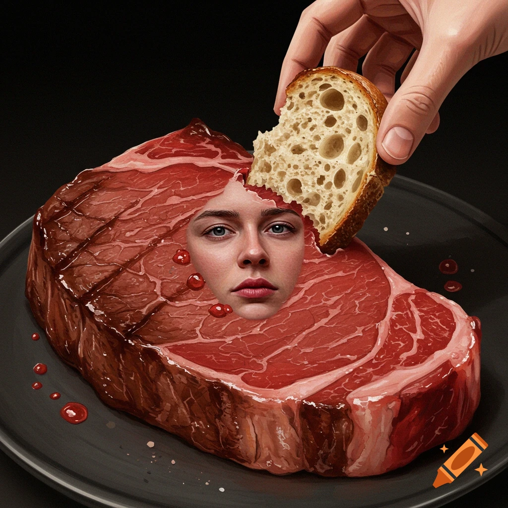 A raw steak with a human face embedded in it rests on a plate, next to a hand holding bread.