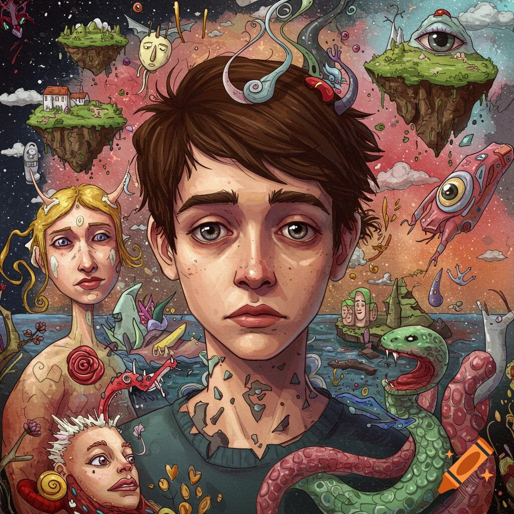 Surreal face surrounded by symbolic floating islands, creatures, and abstract shapes.