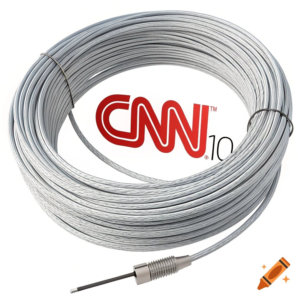 A coil of gray wire with a connector displays the red CNN 10 logo on a white background.