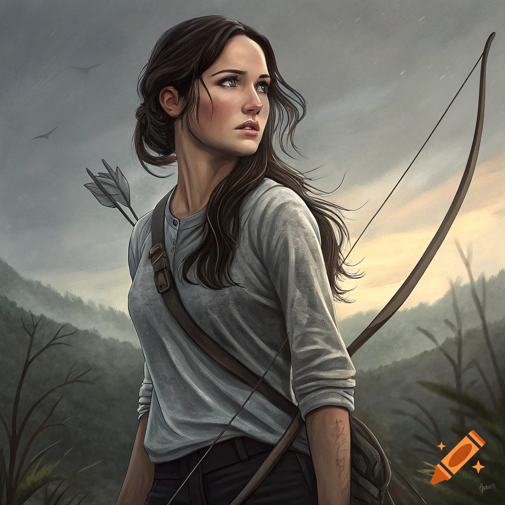 Illustration of a female archer with bow and arrows in a misty forest.