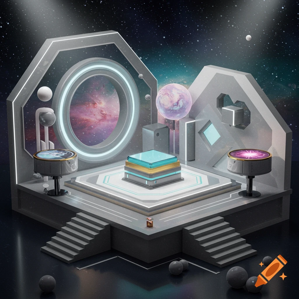 A futuristic stage setup with geometric structures, platforms, steps, and glowing elements in a space setting.