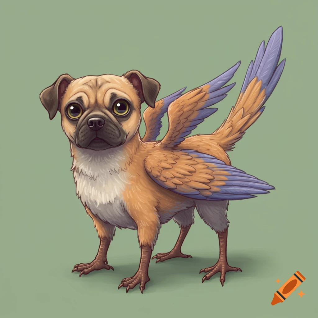 A fantasy creature with a pug head, bird wings, tail, and legs on a green background.