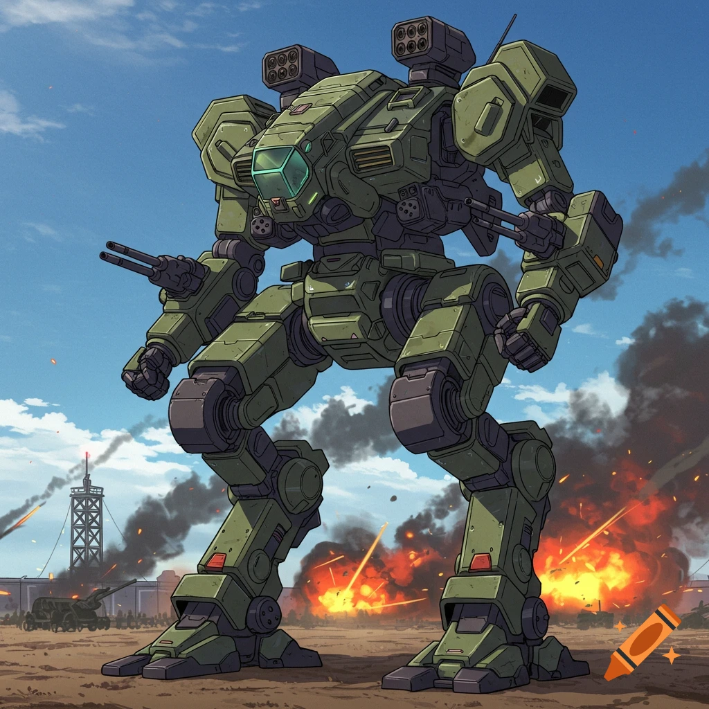 A large green military mech stands on a battlefield with explosions and smoke in an anime style.