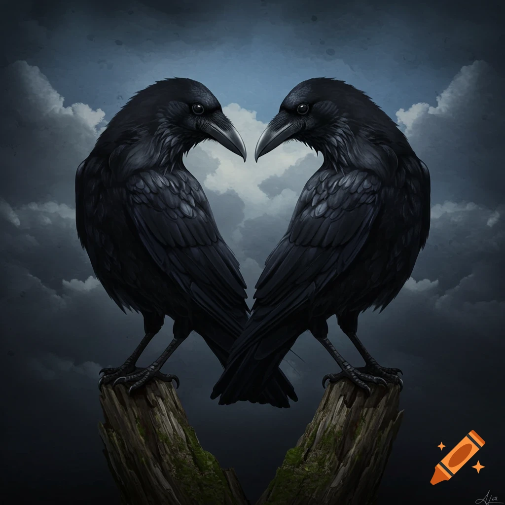 Two crows forming a heart shape against a cloudy sky