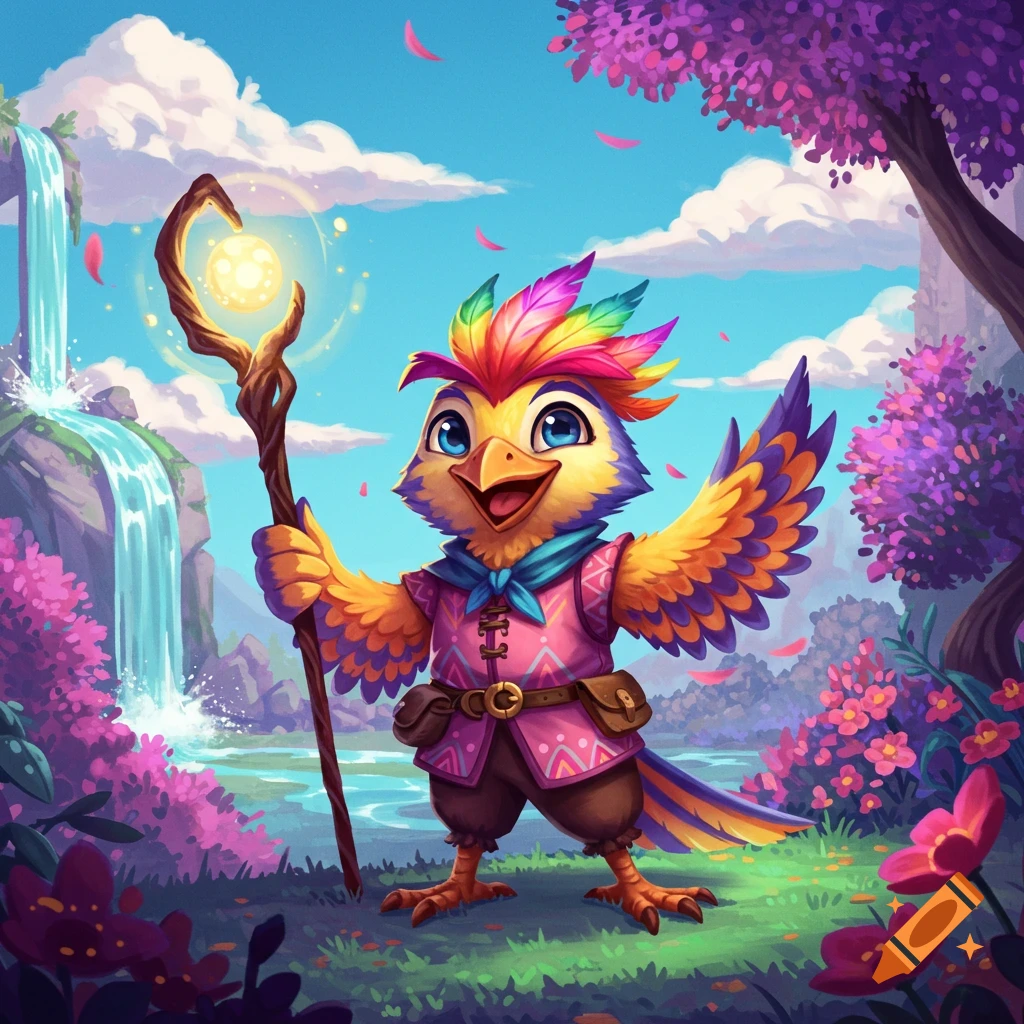Colorful cartoon bird character holds a glowing staff in a fantasy landscape with a waterfall, trees, and flowers.