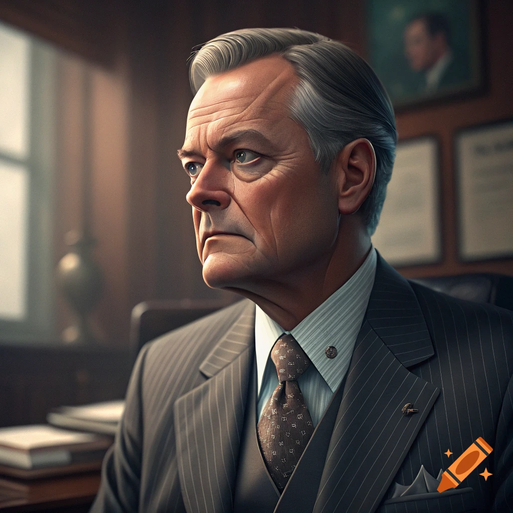 Portrait of an older man in a pinstripe suit, vest, and tie in an office.