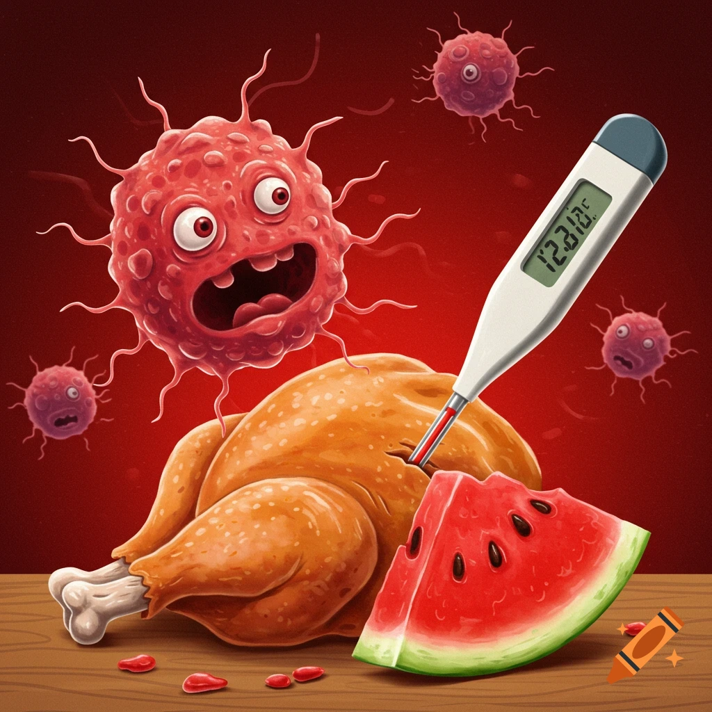 A cartoon virus hovers over a cooked chicken with a thermometer and a slice of watermelon.