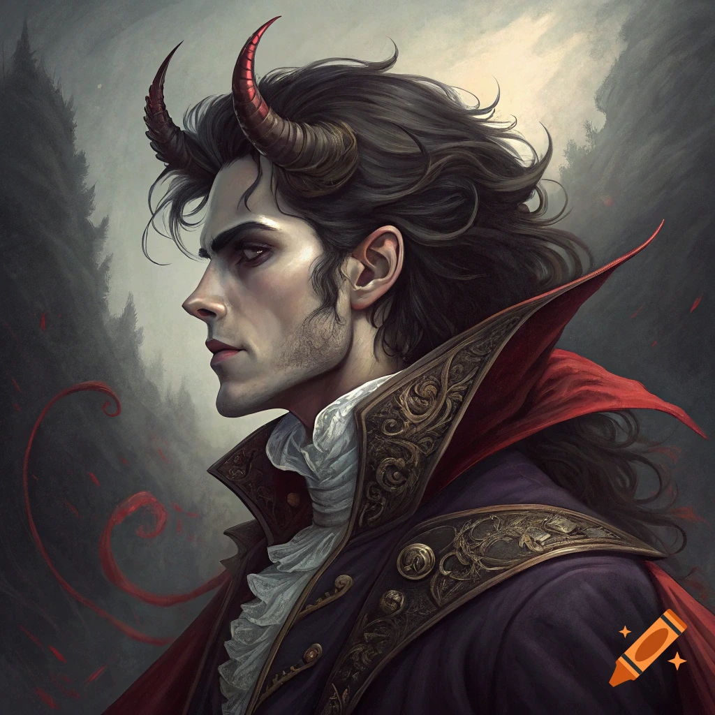 A dramatic portrait of a man with red horns, dark flowing hair, and a goatee, wearing a purple coat with gold trim and a red cape, against a dark, stormy background.
