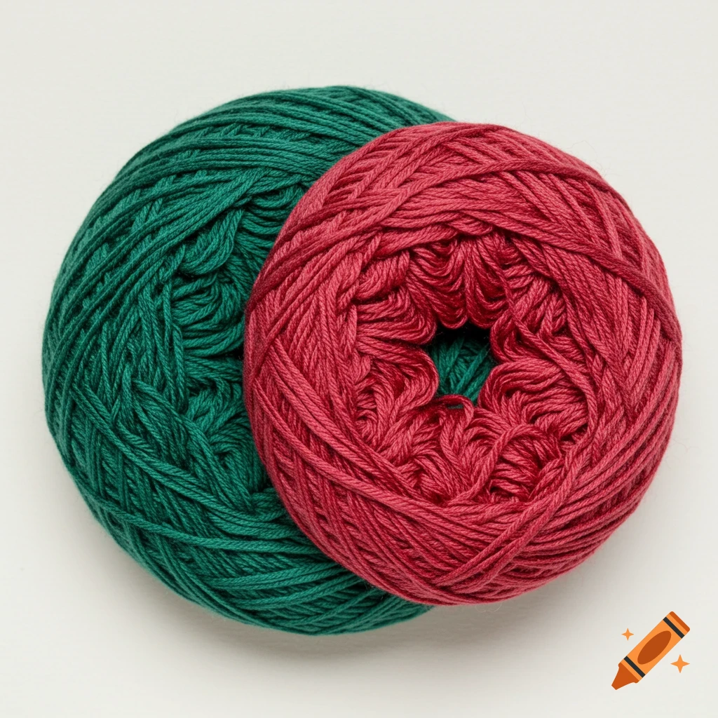 Two balls of yarn, one green and one red, overlapping on a white background.