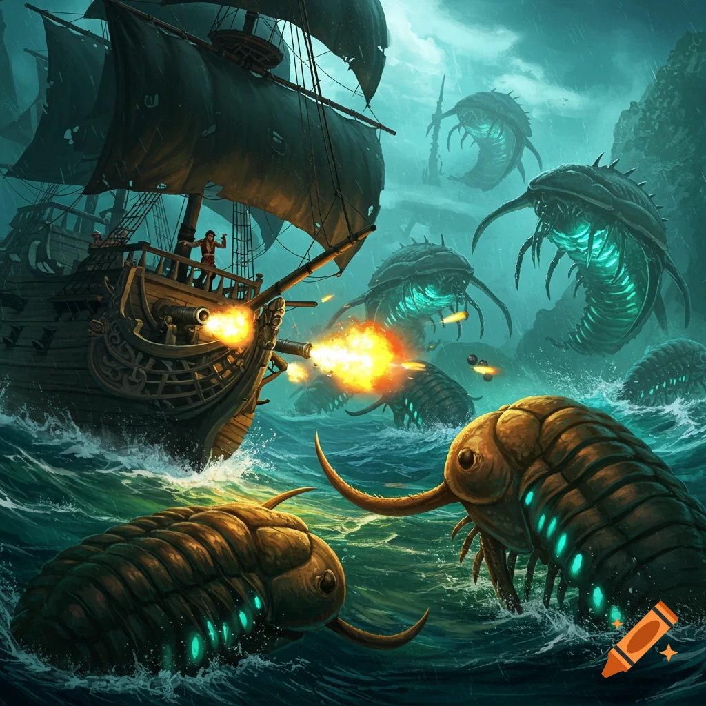 A pirate ship fires cannons at giant glowing trilobites in a stormy sea.
