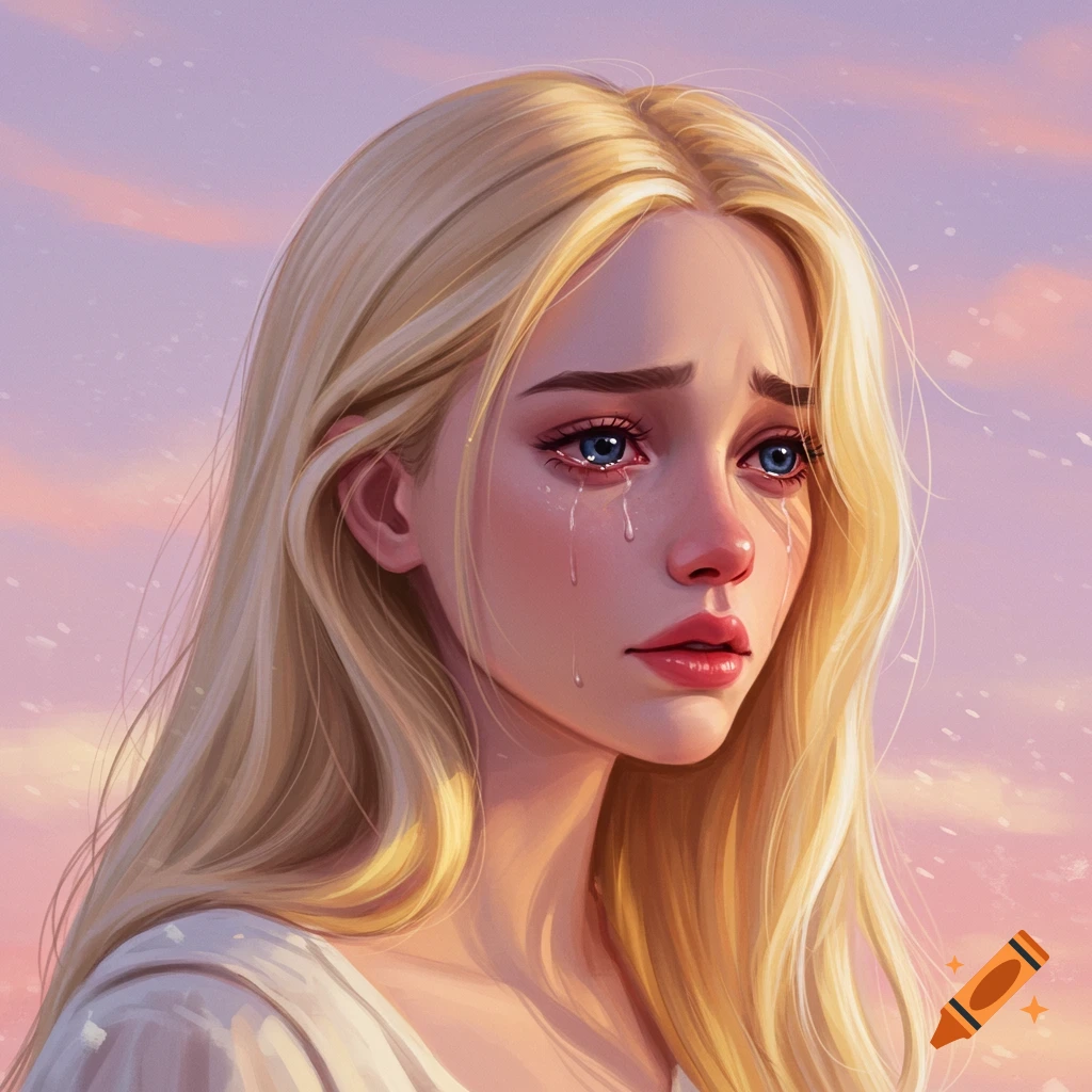 A young blonde woman crying, with a sky background.