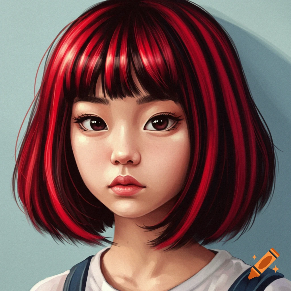 A portrait of a girl with red and black striped hair.