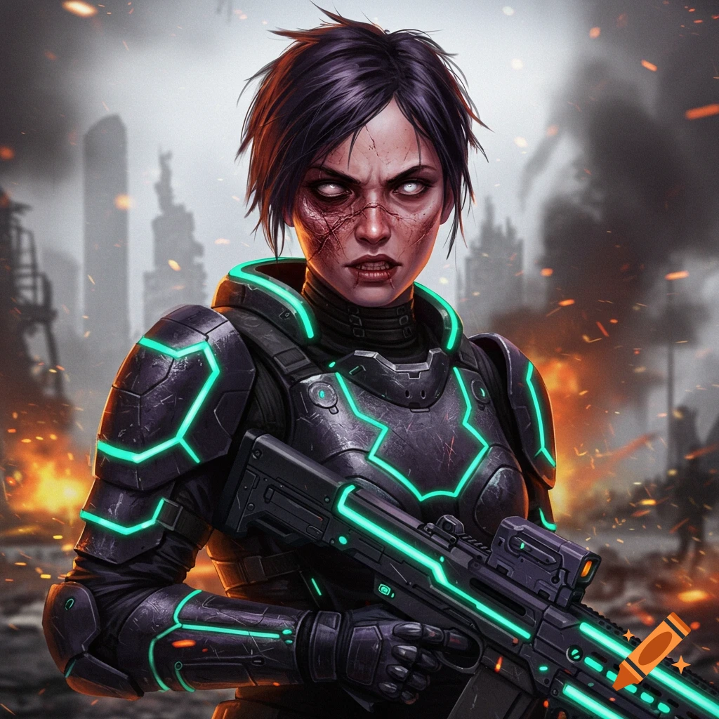 Scarred female sci-fi warrior with a blind eye, holding a rifle in a destroyed city background.