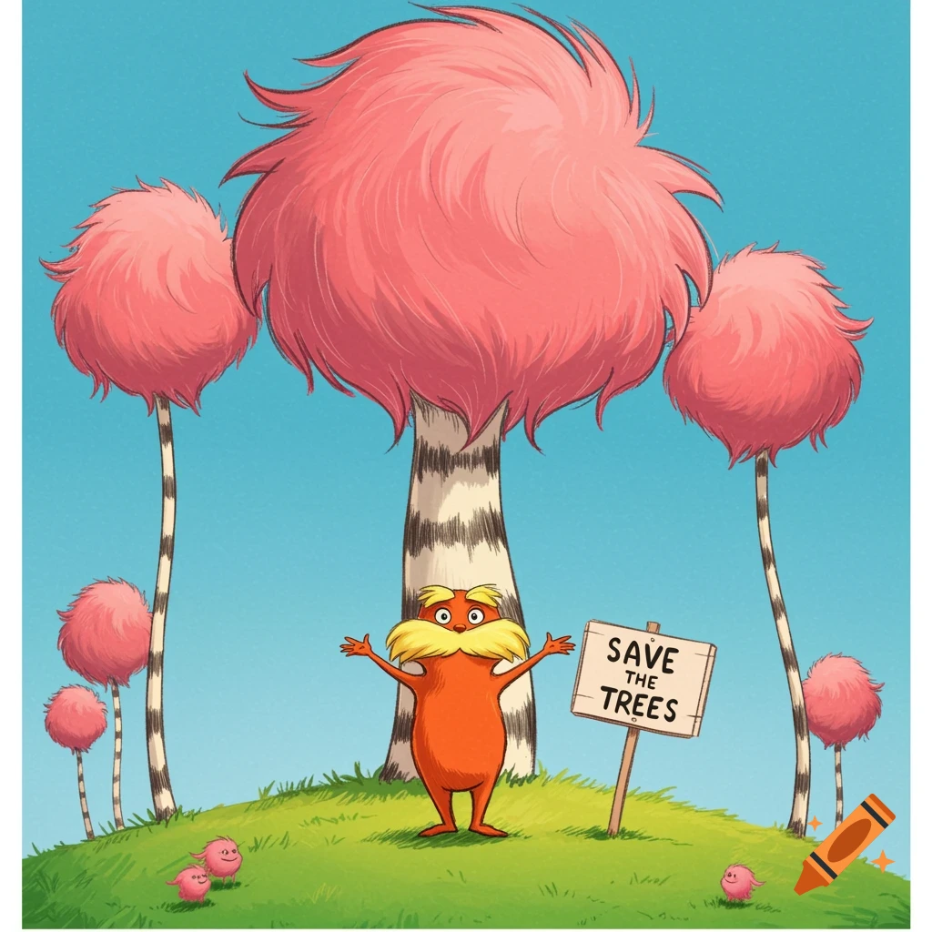 The Lorax stands among pink Truffula trees holding a sign that reads "Save the Trees".
