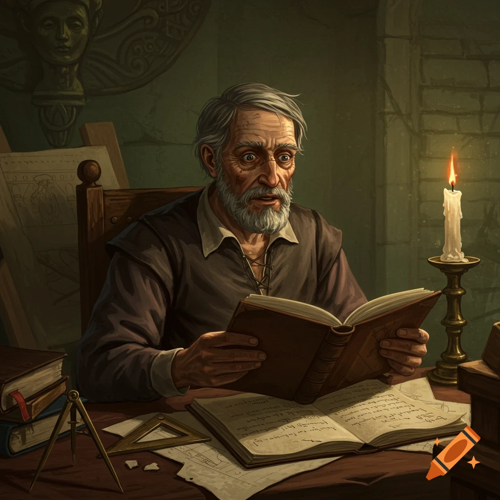 An old man with a beard reading a large book at a candlelit desk.