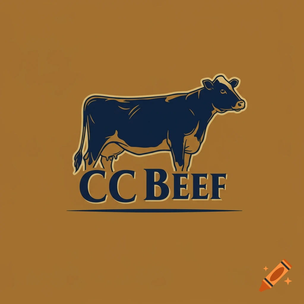 Logo of a dark blue cow standing above the text 'CC BEEF' on a brown background.