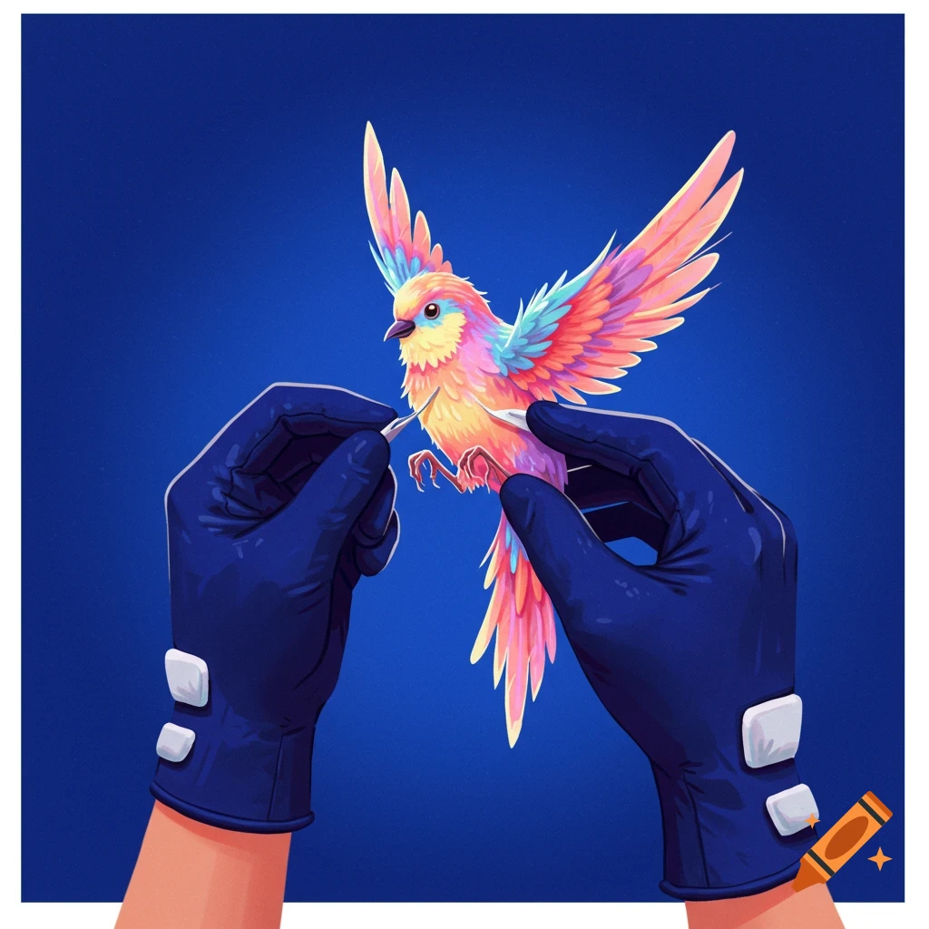 Hands in blue gloves hold a colorful bird.
