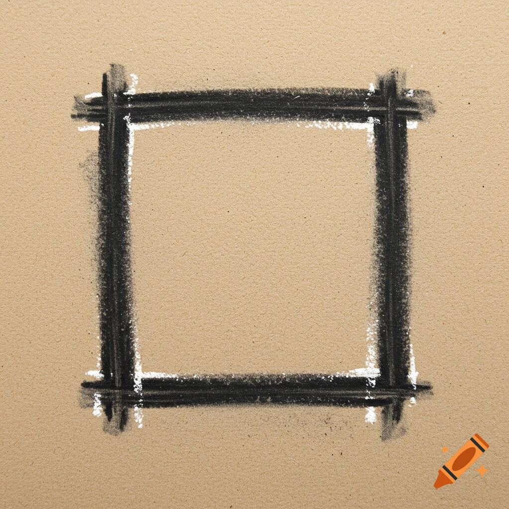 A square drawn in black charcoal on brown paper.