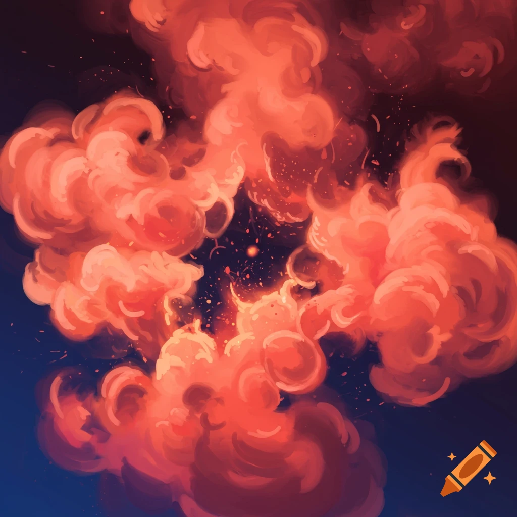 Peach color smoke and flying embers against a dark background.