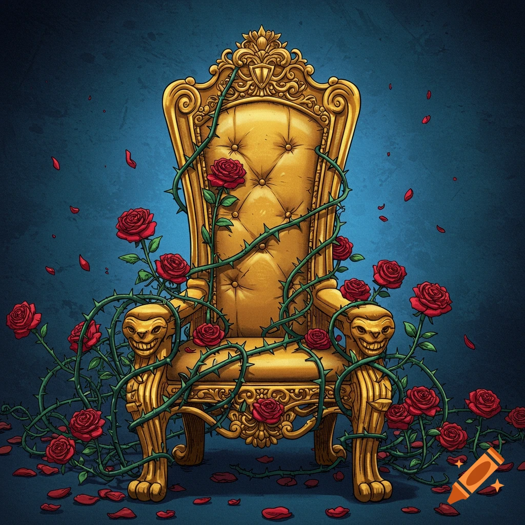 A golden throne covered in red roses and thorny vines with creepy faces on the arms.