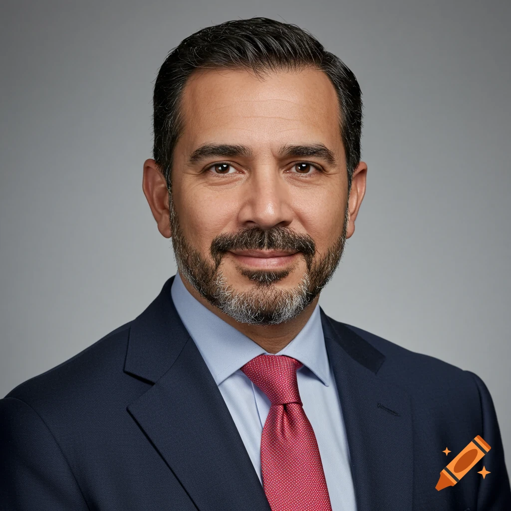 Photorealistic portrait of a man in a dark suit and red tie.