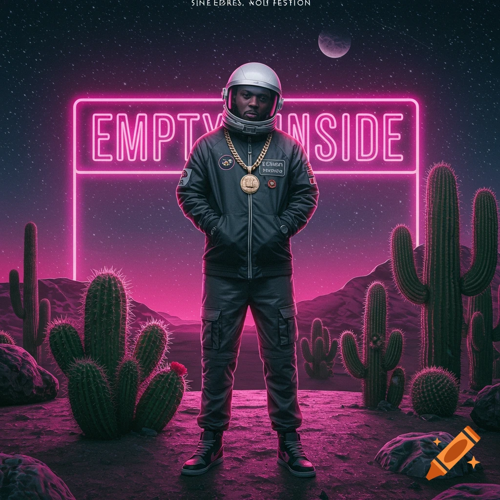 A man in a spacesuit with a gold chain stands under a pink neon 'EMPTY INSIDE' sign in a desert landscape at night, digital art.
