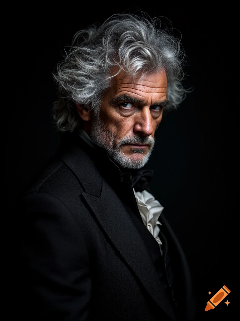 Portrait of a distinguished gentleman in a dark suit with unruly salt and pepper hair in moody lighting.
