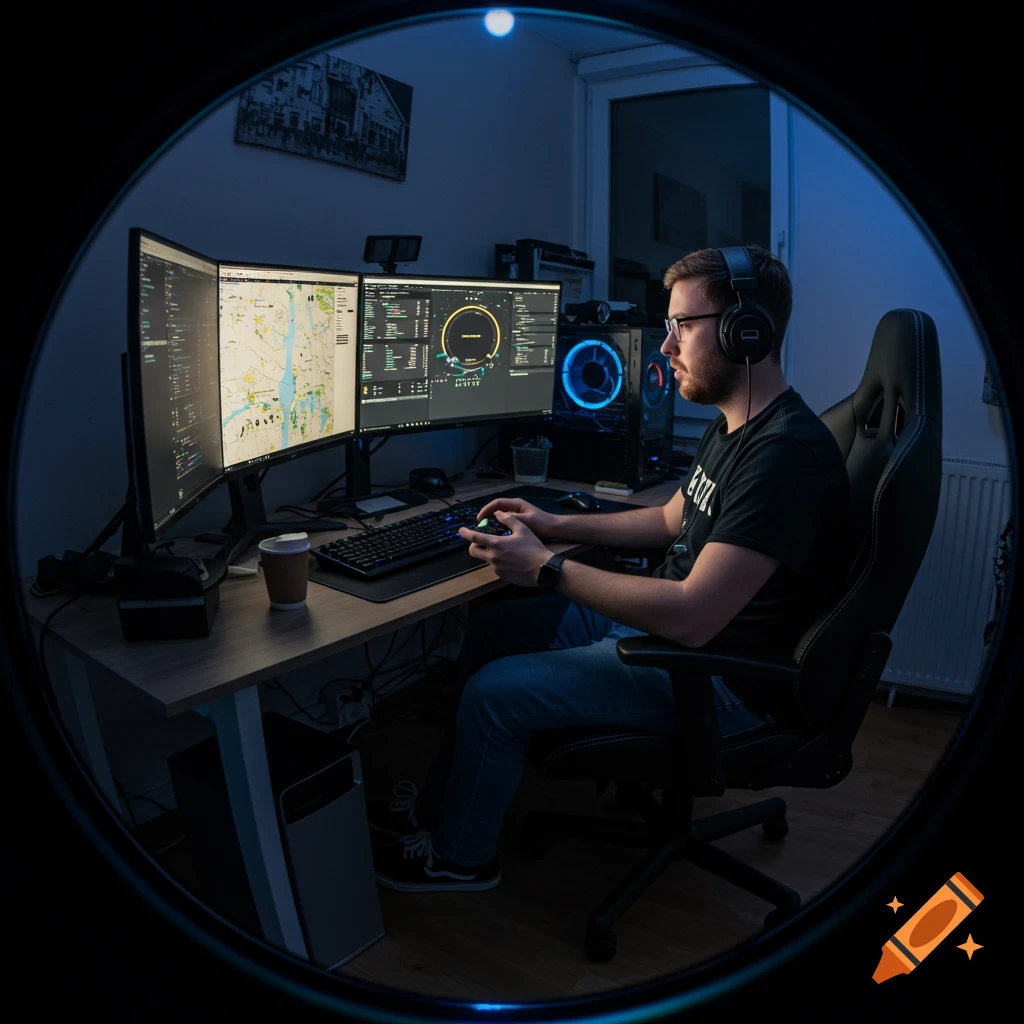 Man with headphones using multiple computer monitors in a fish-eye view.