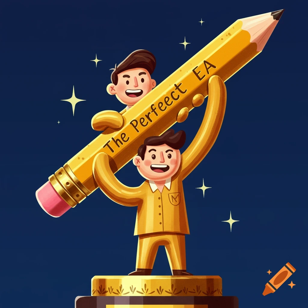 A cartoon trophy features two figures holding a large pencil engraved with "The Perfect EA" against a starry dark blue background.