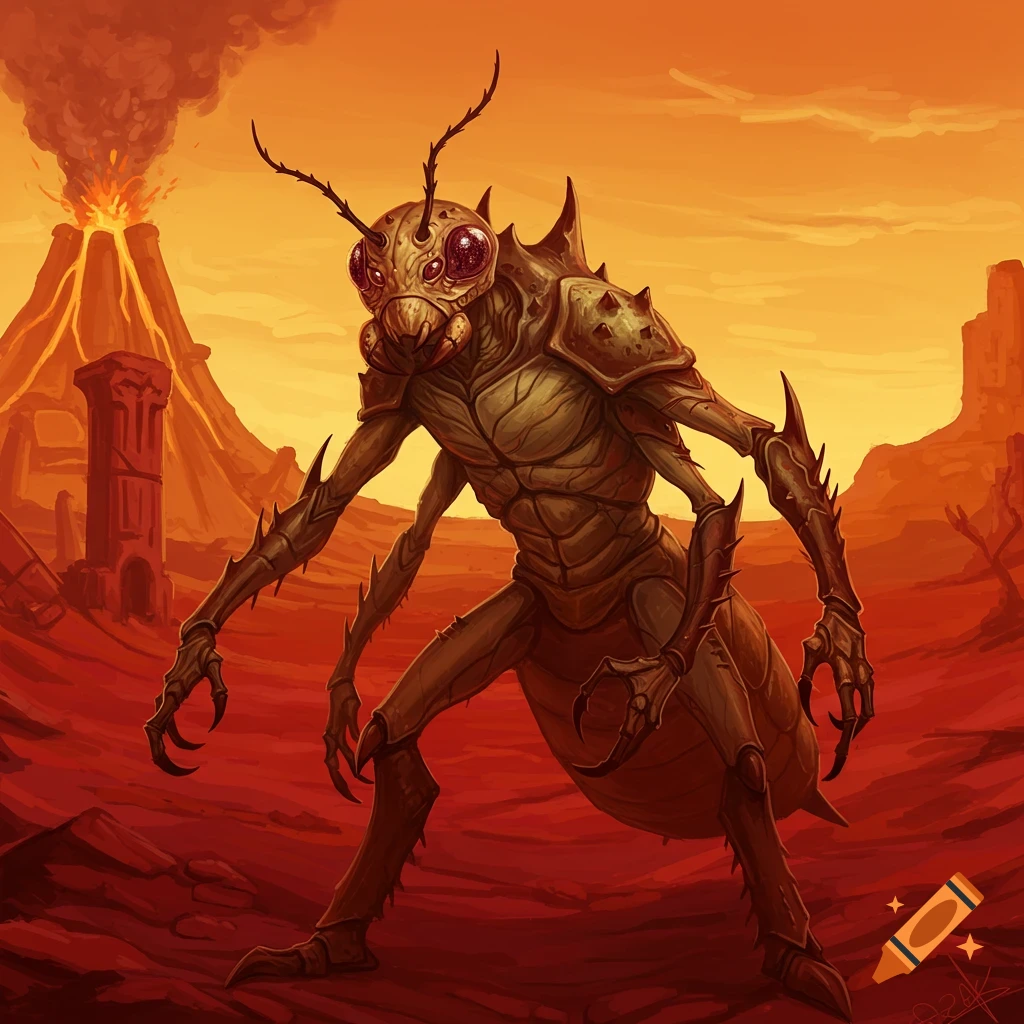 A Thri-kreen insectoid creature standing in a volcanic wasteland.