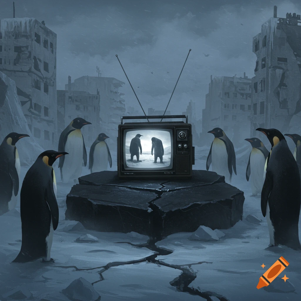 Penguins watch a television in a ruined, snowy city.