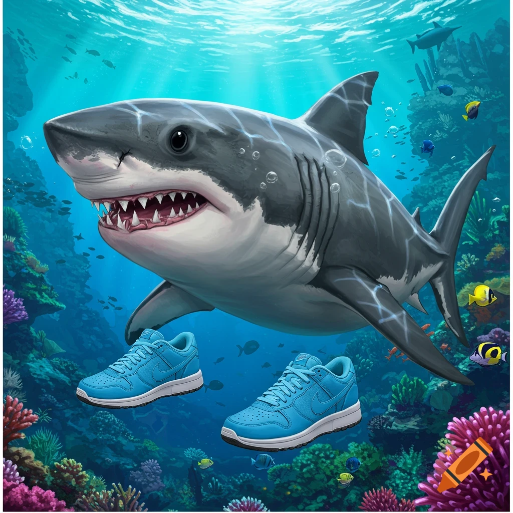 A large shark wearing blue sneakers swims underwater among coral reefs and fish. Digital art.