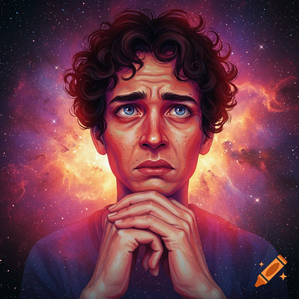 A person looking worried or confused, with hands clasped against a swirling cosmic background