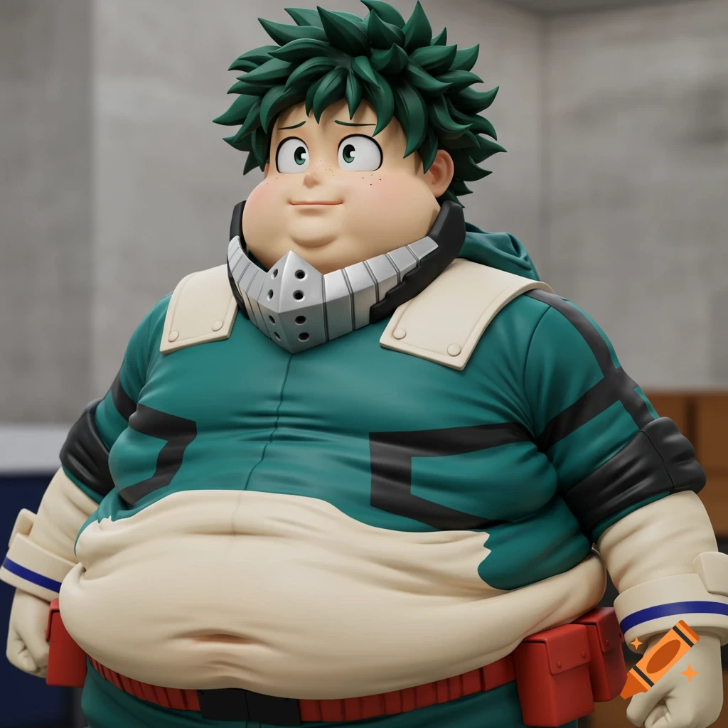 A 3D render of an obese anime character resembling Deku from My Hero Academia, wearing a green costume and mask.