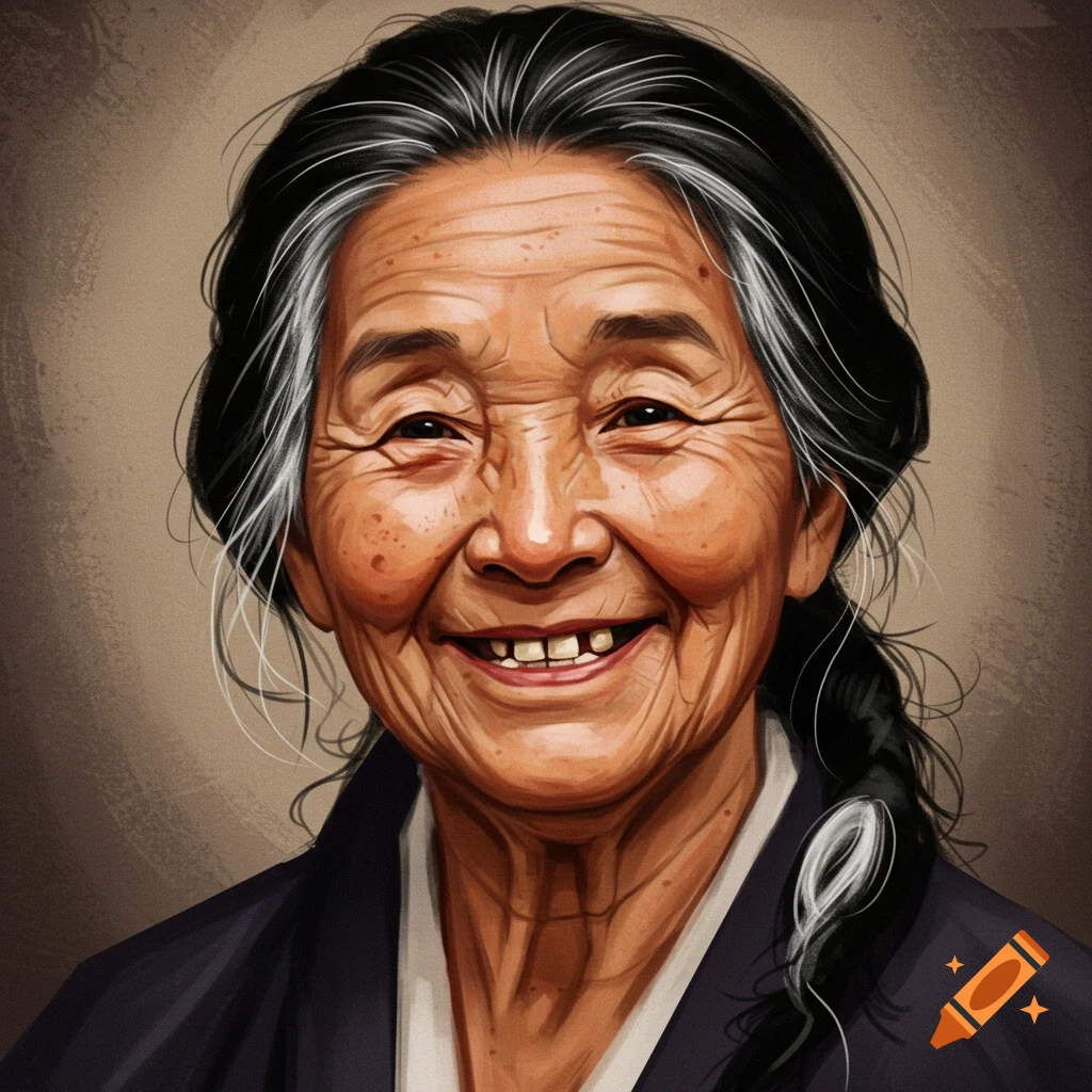 Portrait of an older woman smiling, with black and white hair.