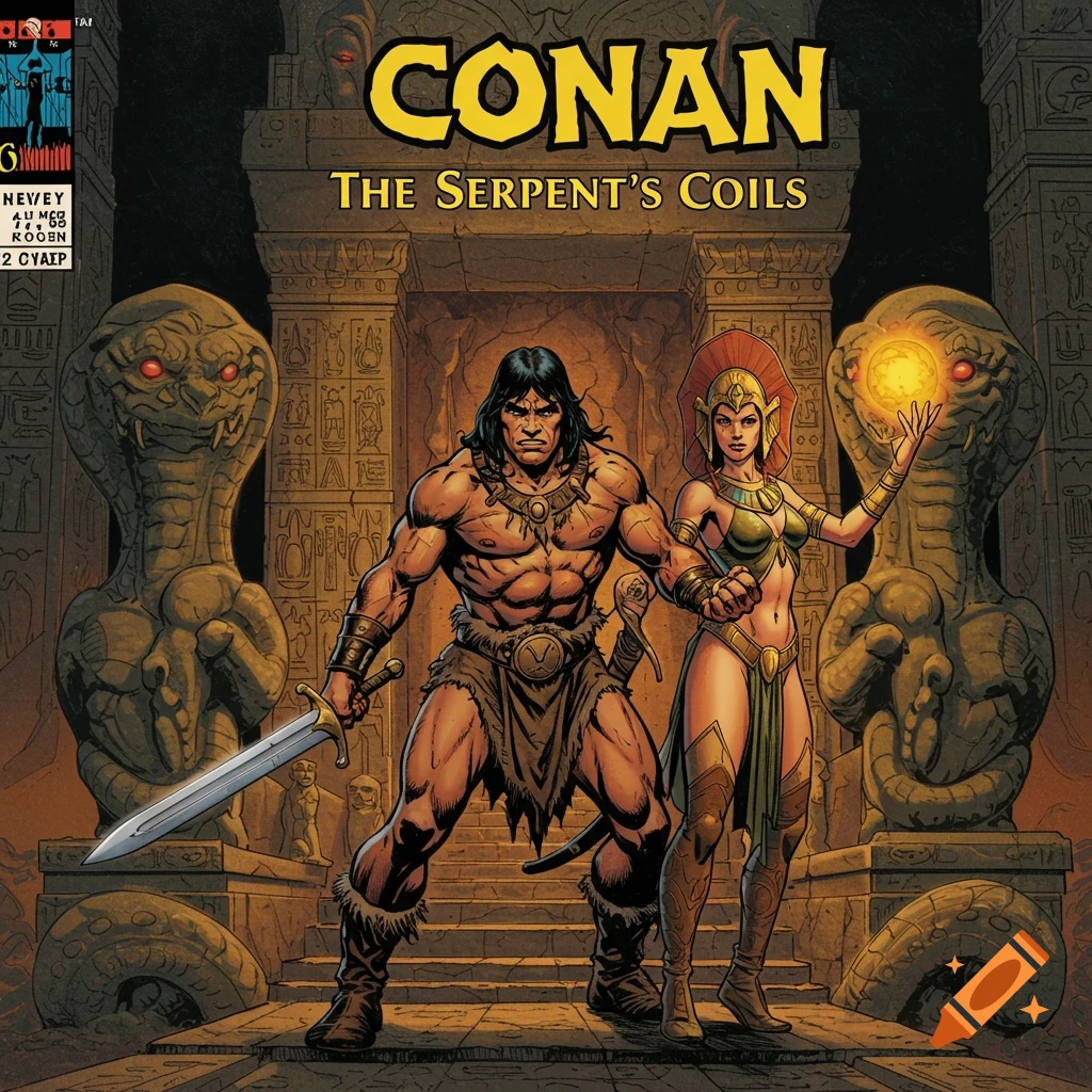 Comic book cover featuring Conan the barbarian and a sorceress standing before snake statues in an ancient temple.