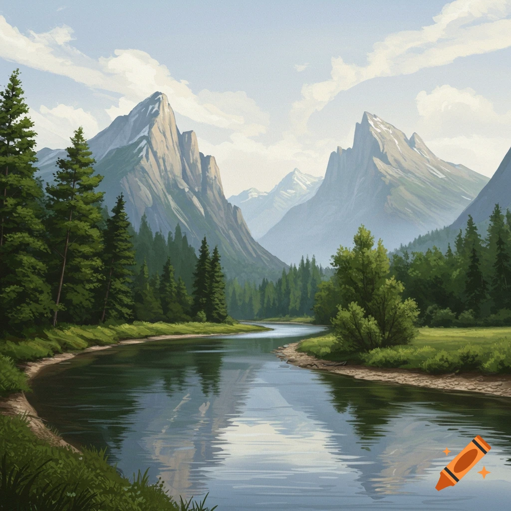 A winding river flows through a forest valley towards large mountains.