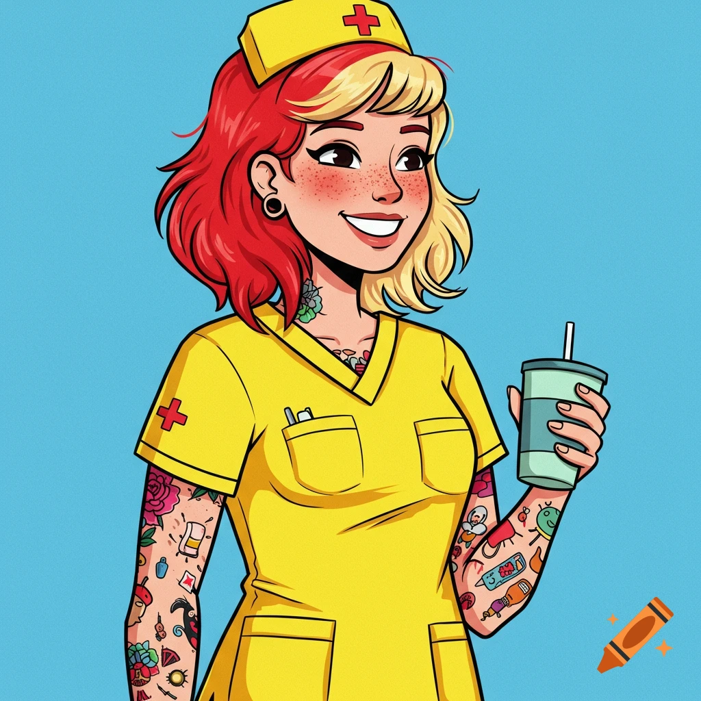 Cartoon illustration of a smiling nurse in yellow scrubs with red and  blonde hair and tattoos holding a cup. on Craiyon, image size:1024x1024