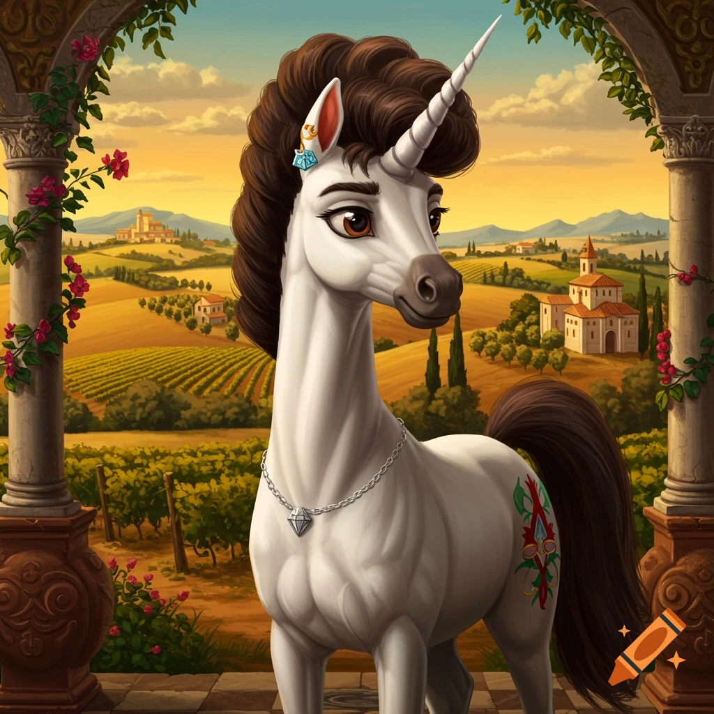 A stylized unicorn in an Italian vineyard landscape at sunset