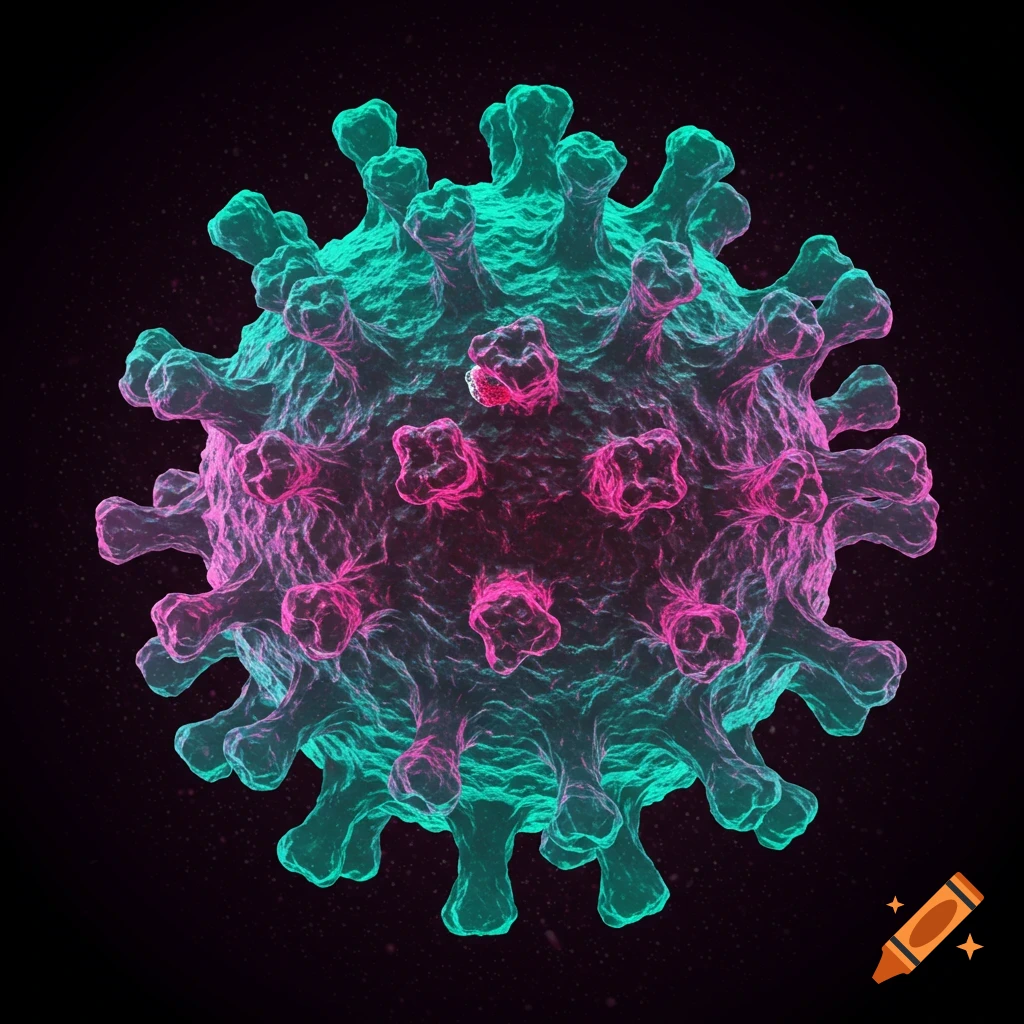 A 3D rendering of a virus particle, teal and pink, on a black background.